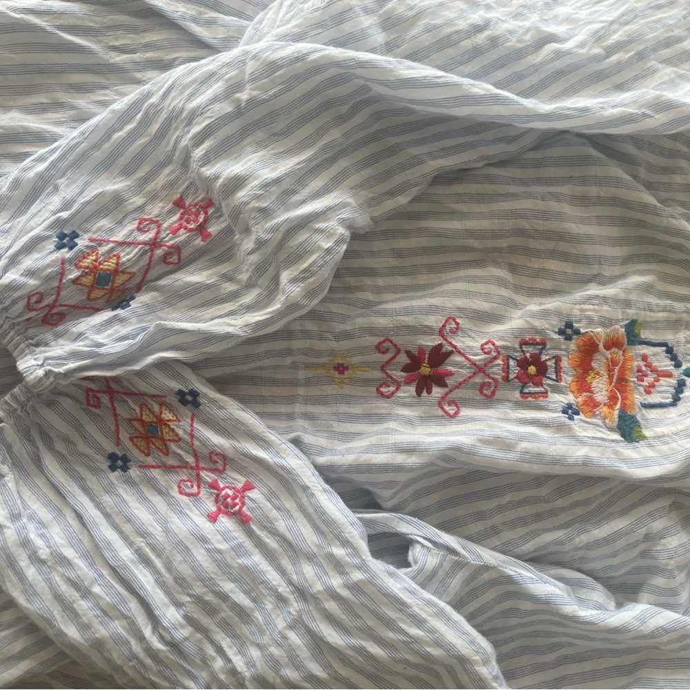 Johnny Was Light Blue Striped Peasant Top with Multicolor Embroidery Size Small - Picture 11 of 12